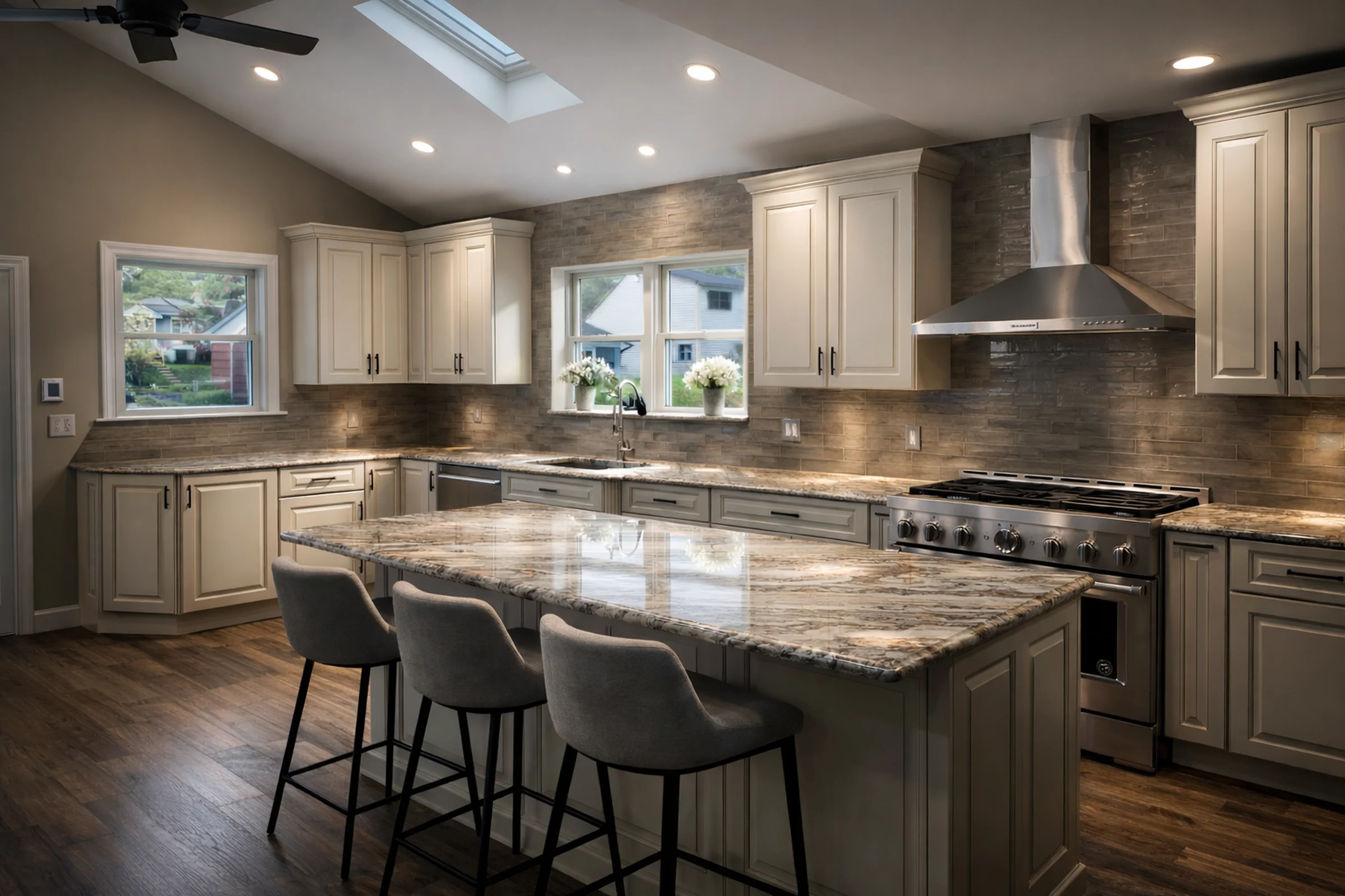 Kitchen remodel with a stone island, warm cabinetry, pendant lighting, and wood floors