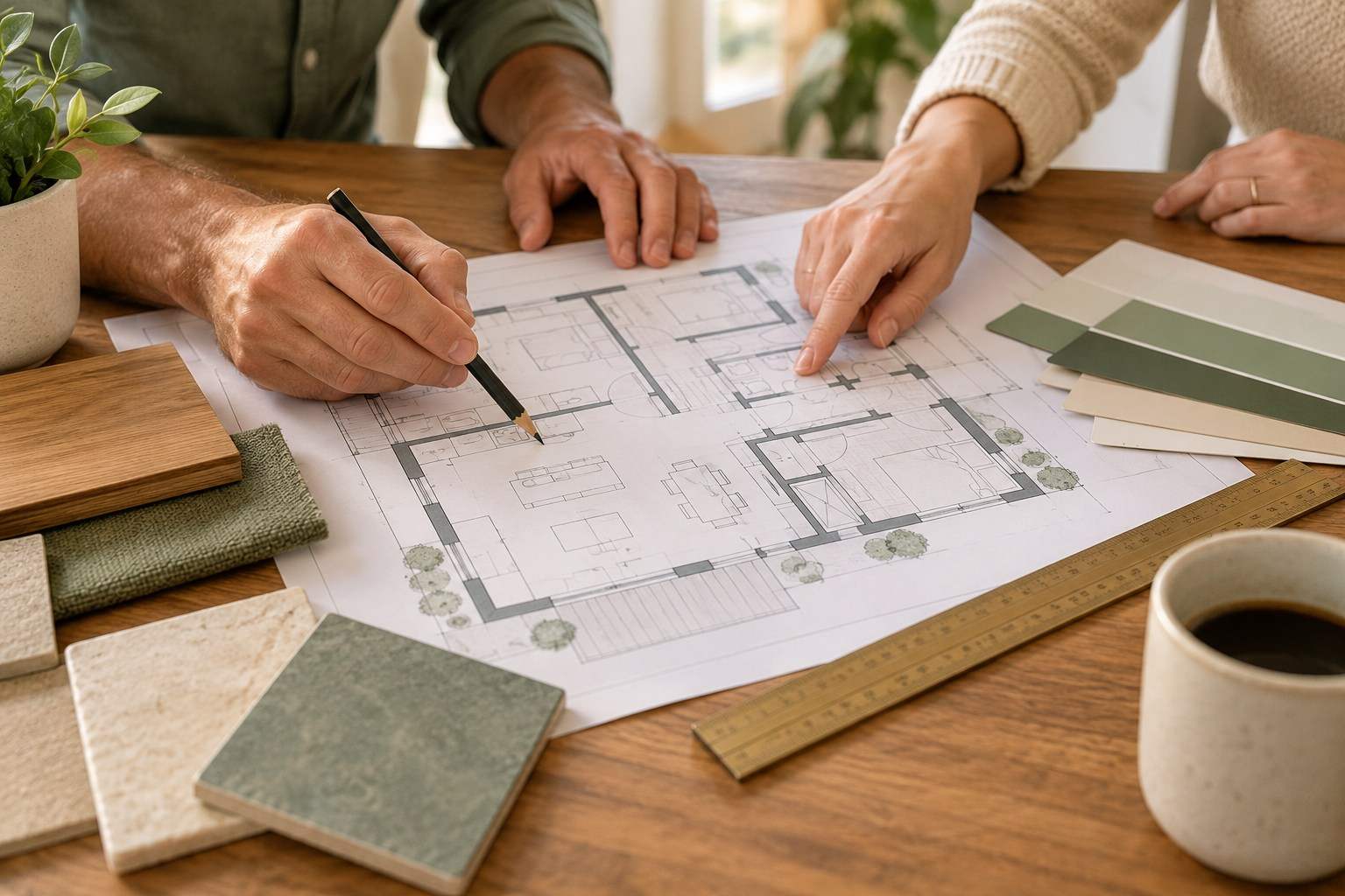 Illustrative floor plans and material samples on a work table